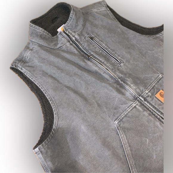Carhartt V33 GVL Gray Fleece Sherpa Lined Canvas Rugged Work Wear Zip Up Vest XL - Picture 2 of 15
